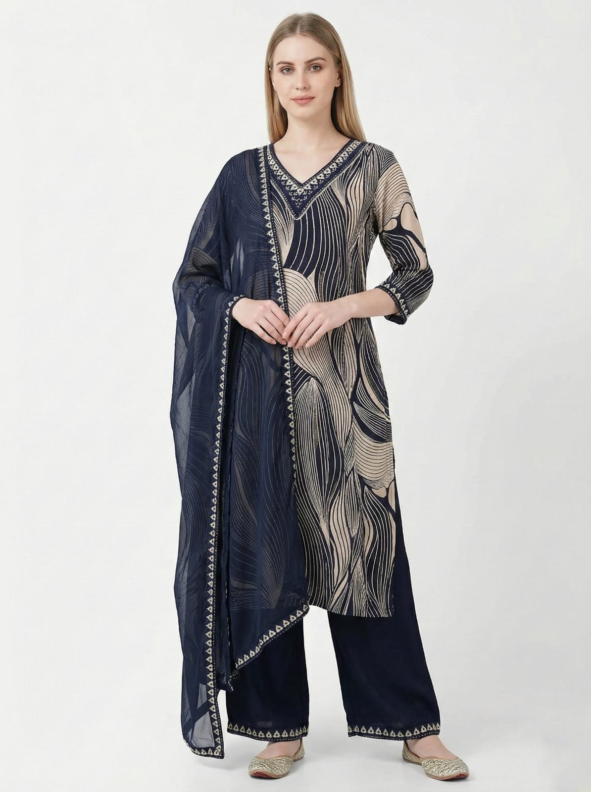 Women's Navy Blue & Beige Abstract Print Kurta Set with Wide Leg Pants | Modern Contemporary Ethnic Wear