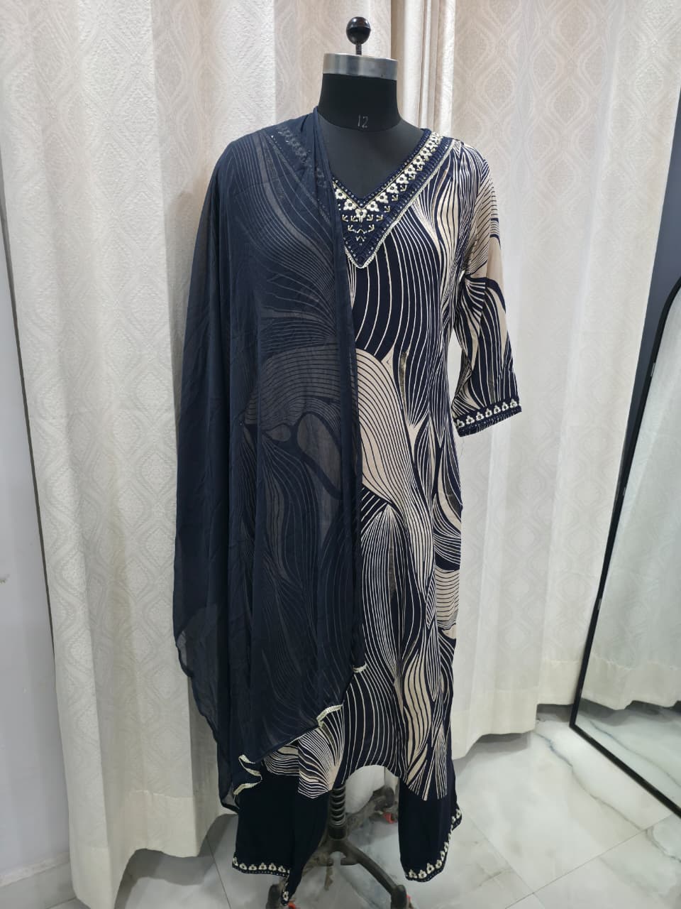 Women's Navy Blue & Beige Abstract Print Kurta Set with Wide Leg Pants | Modern Contemporary Ethnic Wear