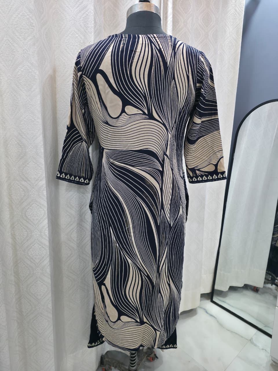 Women's Navy Blue & Beige Abstract Print Kurta Set with Wide Leg Pants | Modern Contemporary Ethnic Wear