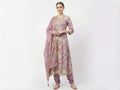 Women's Lilac Lavender Gold Printed Anarkali Kurta Set with Dupatta | Pastel Festive Party Wear Suit