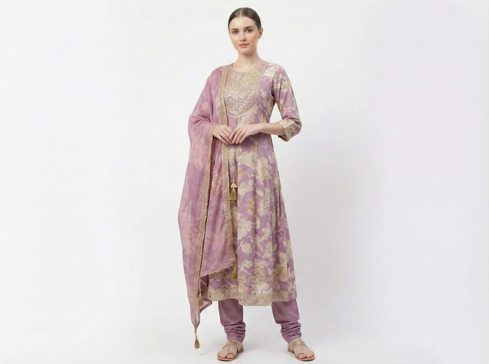Women's Lilac Lavender Gold Printed Anarkali Kurta Set with Dupatta | Pastel Festive Party Wear Suit