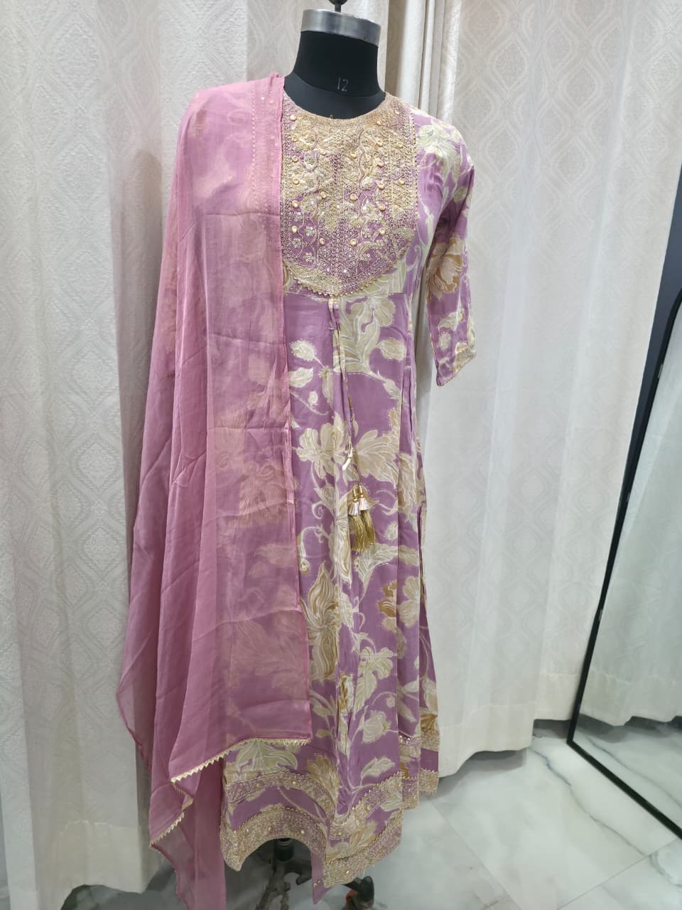 Women's Lilac Lavender Gold Printed Anarkali Kurta Set with Dupatta | Pastel Festive Party Wear Suit