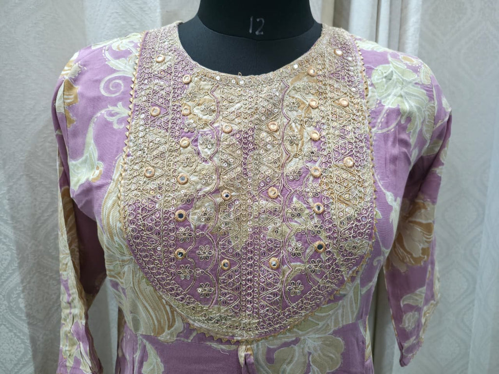 Women's Lilac Lavender Gold Printed Anarkali Kurta Set with Dupatta | Pastel Festive Party Wear Suit