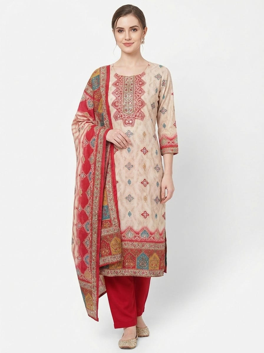 Women's Beige & Red Geometric Print Cotton Kurta Set with Solid Pants | Traditional Daily Wear Suit