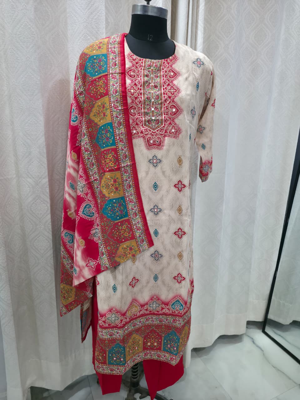 Women's Beige & Red Geometric Print Cotton Kurta Set with Solid Pants | Traditional Daily Wear Suit