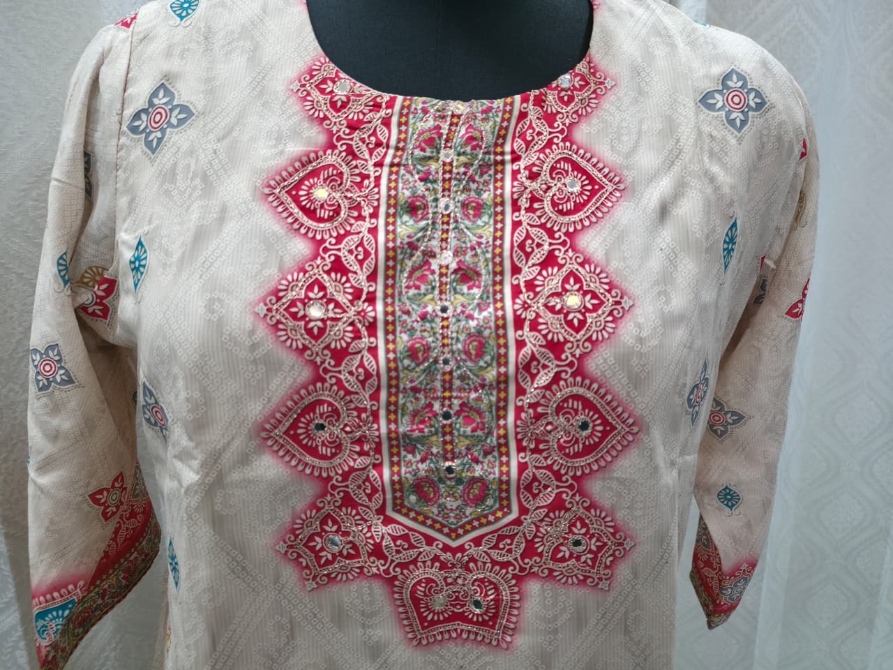 Women's Beige & Red Geometric Print Cotton Kurta Set with Solid Pants | Traditional Daily Wear Suit