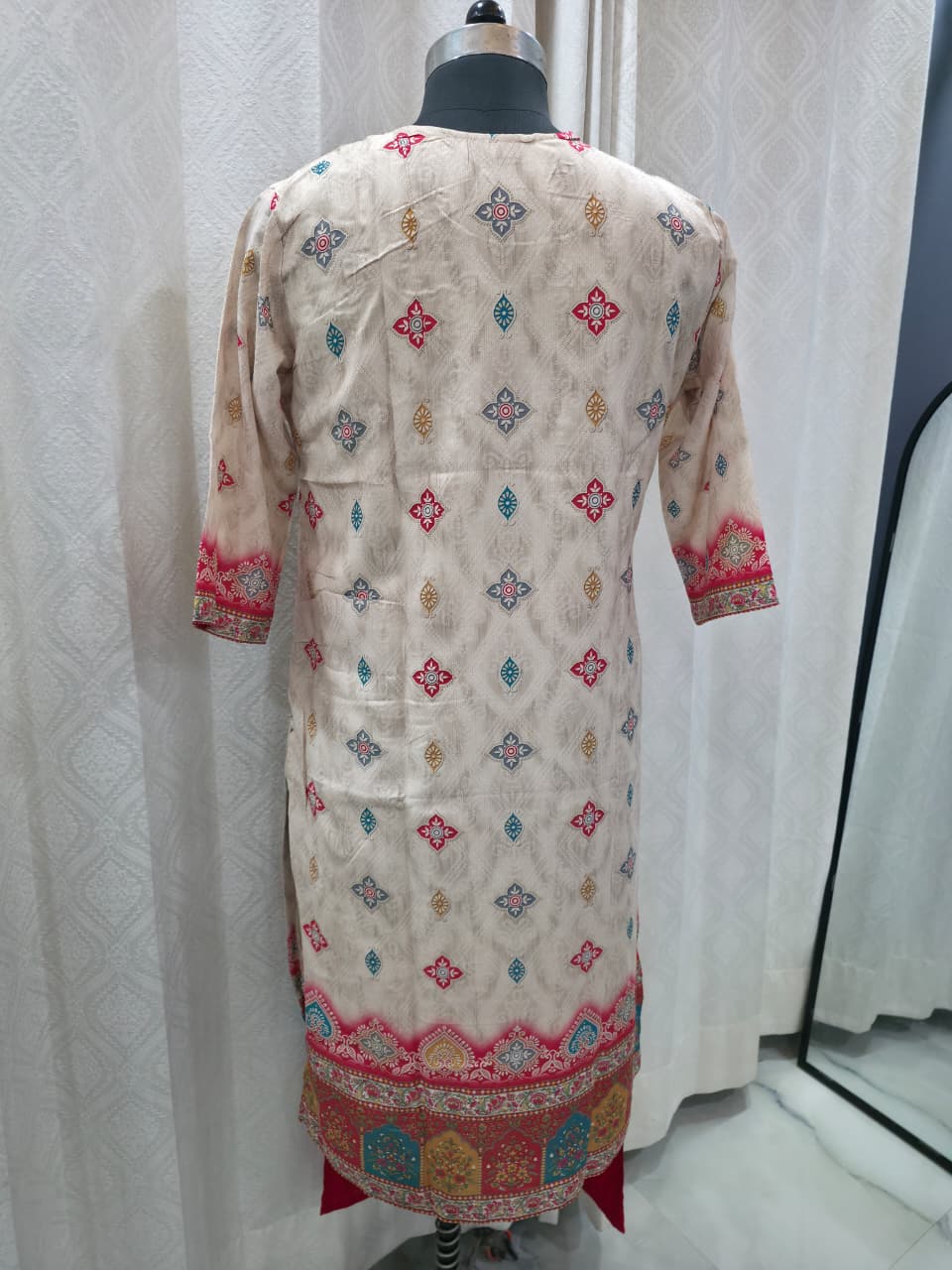 Women's Beige & Red Geometric Print Cotton Kurta Set with Solid Pants | Traditional Daily Wear Suit