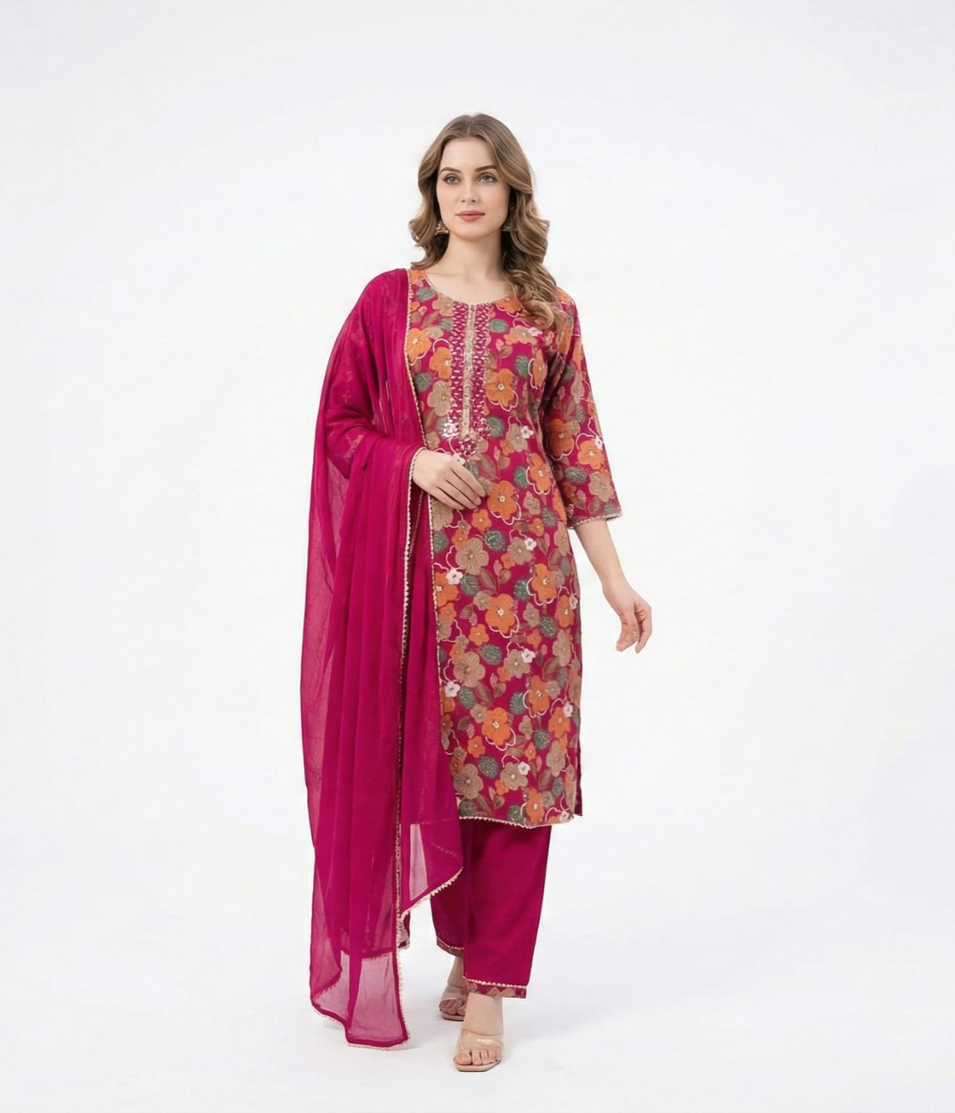 Women's Magenta Pink Floral Print Kurta Set with Solid Chiffon Dupatta | Vibrant Festive & Casual Wear