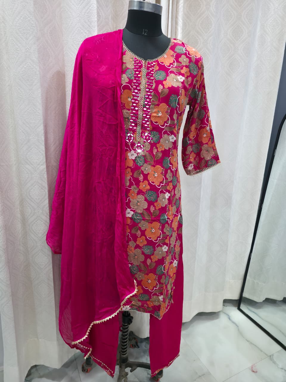 Women's Magenta Pink Floral Print Kurta Set with Solid Chiffon Dupatta | Vibrant Festive & Casual Wear