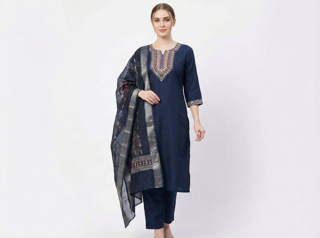 Women's Navy Blue Straight Kurta Set with Multicolour Thread Embroidery & Printed Dupatta | Office & Formal Wear