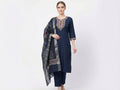 Women's Navy Blue Straight Kurta Set with Multicolour Thread Embroidery & Printed Dupatta | Office & Formal Wear
