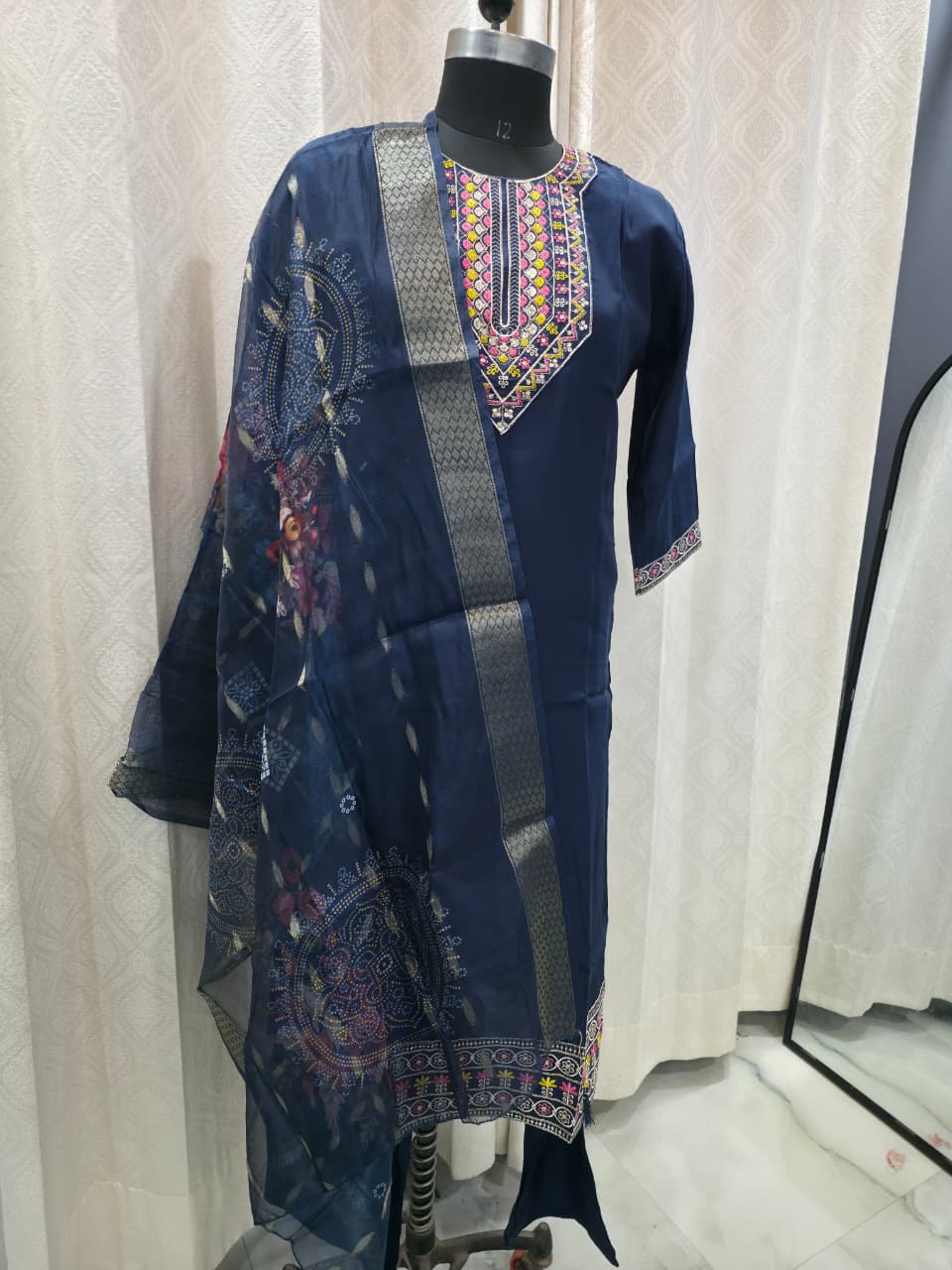 Women's Navy Blue Straight Kurta Set with Multicolour Thread Embroidery & Printed Dupatta | Office & Formal Wear