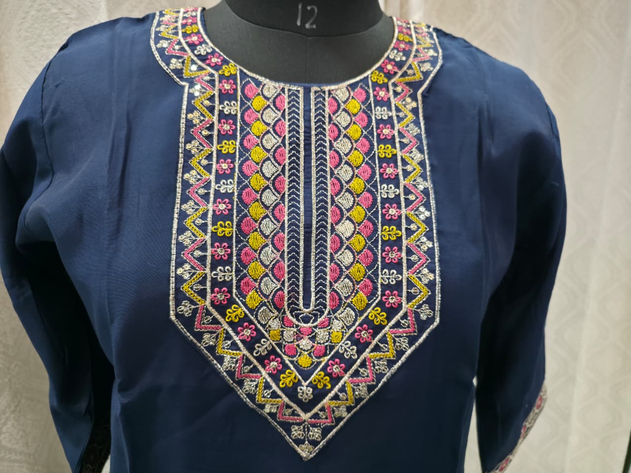 Women's Navy Blue Straight Kurta Set with Multicolour Thread Embroidery & Printed Dupatta | Office & Formal Wear