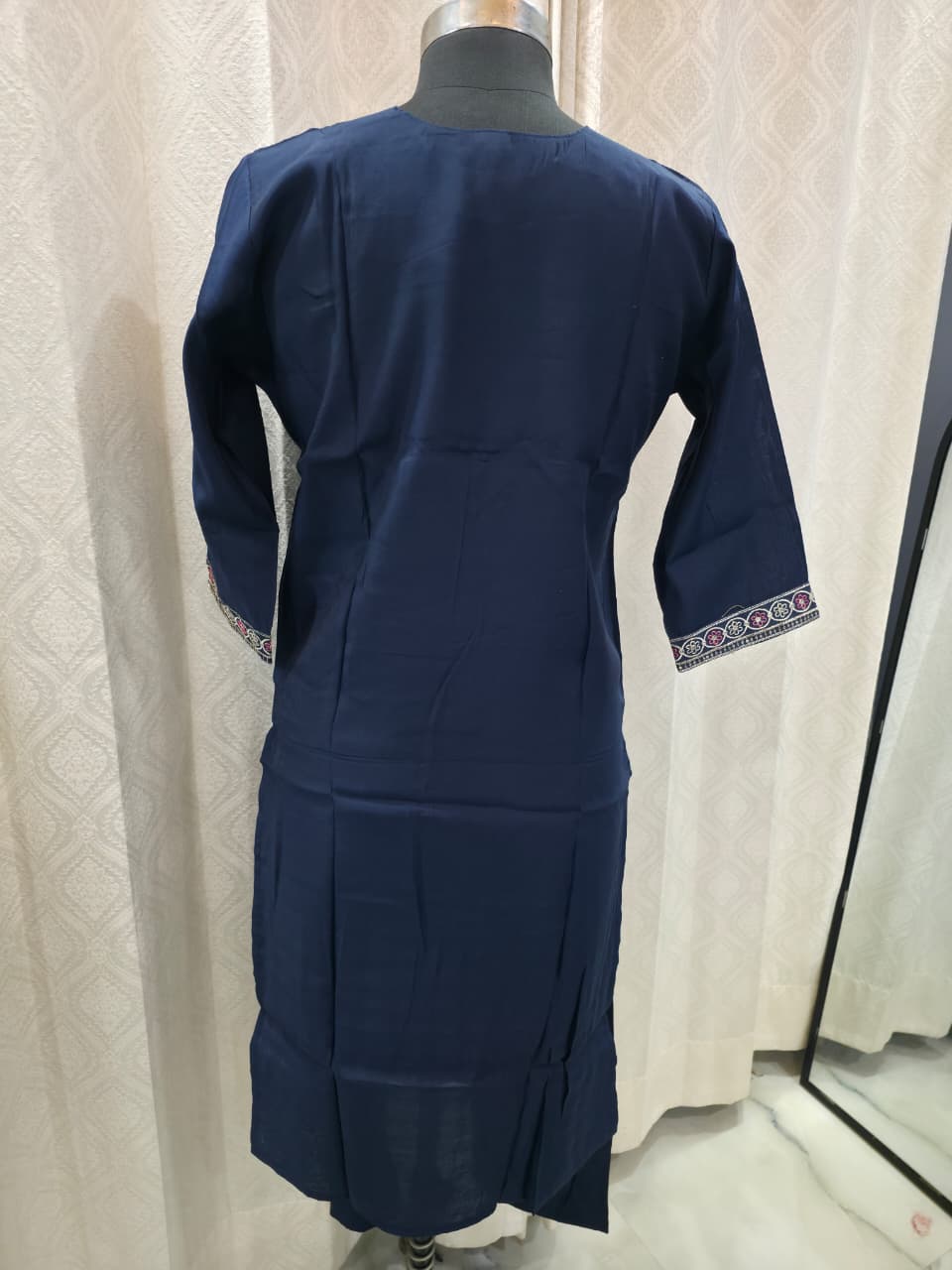 Women's Navy Blue Straight Kurta Set with Multicolour Thread Embroidery & Printed Dupatta | Office & Formal Wear