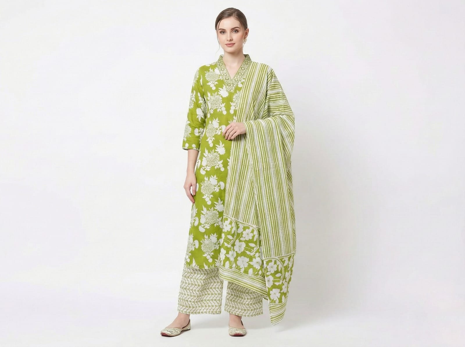Women's Lime Green Floral Block Print Cotton Kurta Set with Striped Dupatta | Summer Casual Daily Wear Suit
