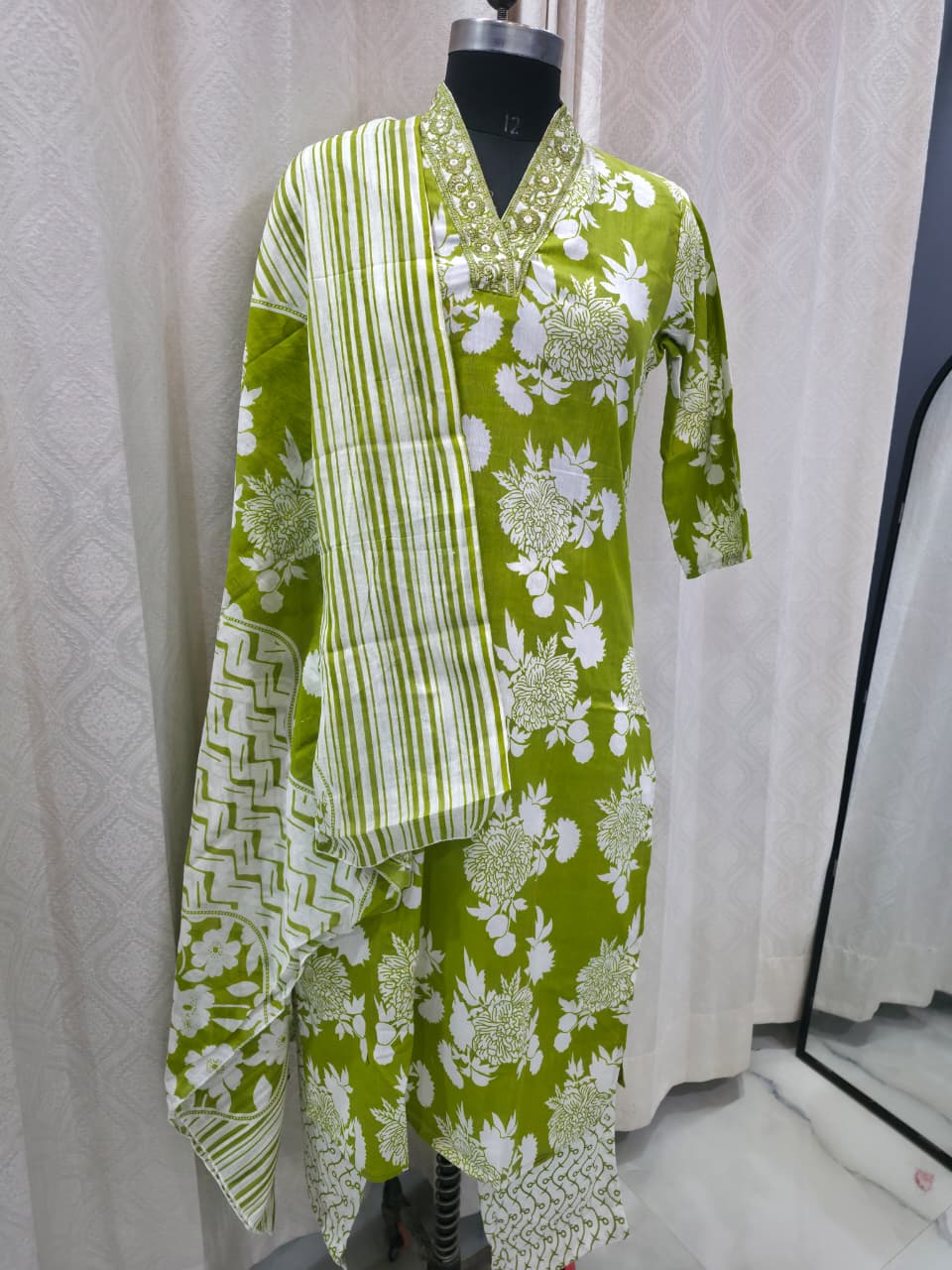 Women's Lime Green Floral Block Print Cotton Kurta Set with Striped Dupatta | Summer Casual Daily Wear Suit