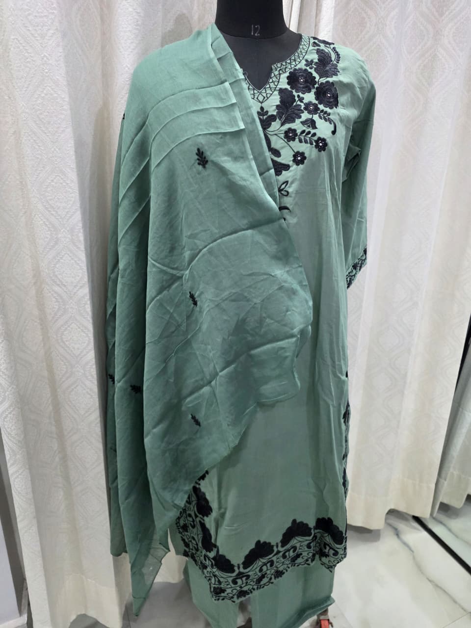 Women's Sea Green Straight Kurta Set with Bold Black Floral Embroidery | Designer Office & Formal Suit