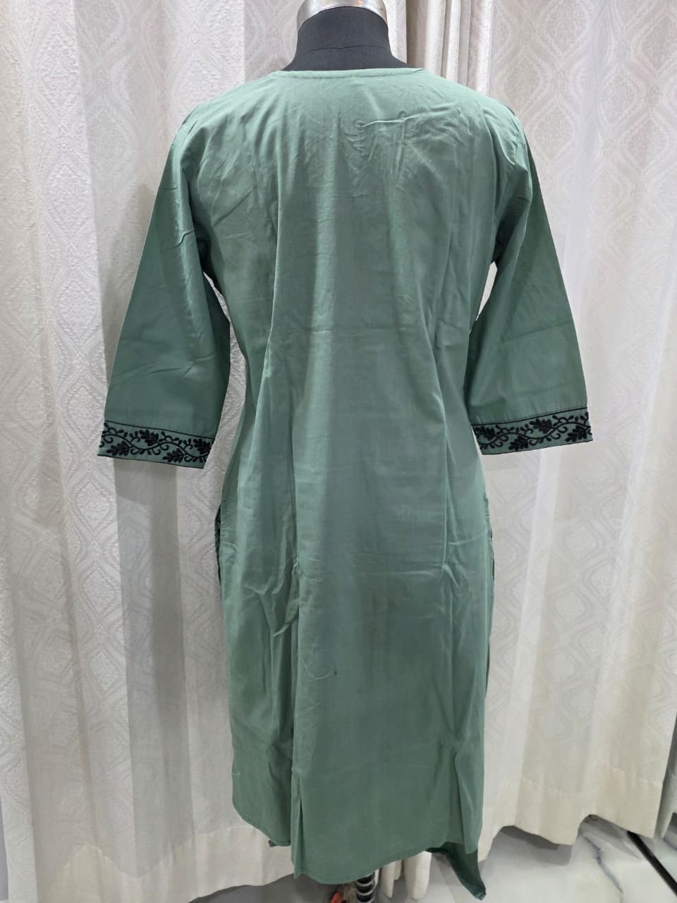 Women's Sea Green Straight Kurta Set with Bold Black Floral Embroidery | Designer Office & Formal Suit