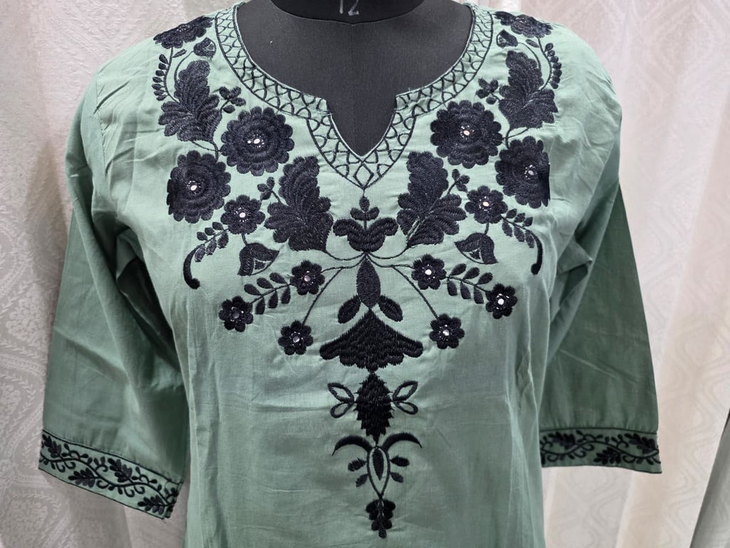 Women's Sea Green Straight Kurta Set with Bold Black Floral Embroidery | Designer Office & Formal Suit
