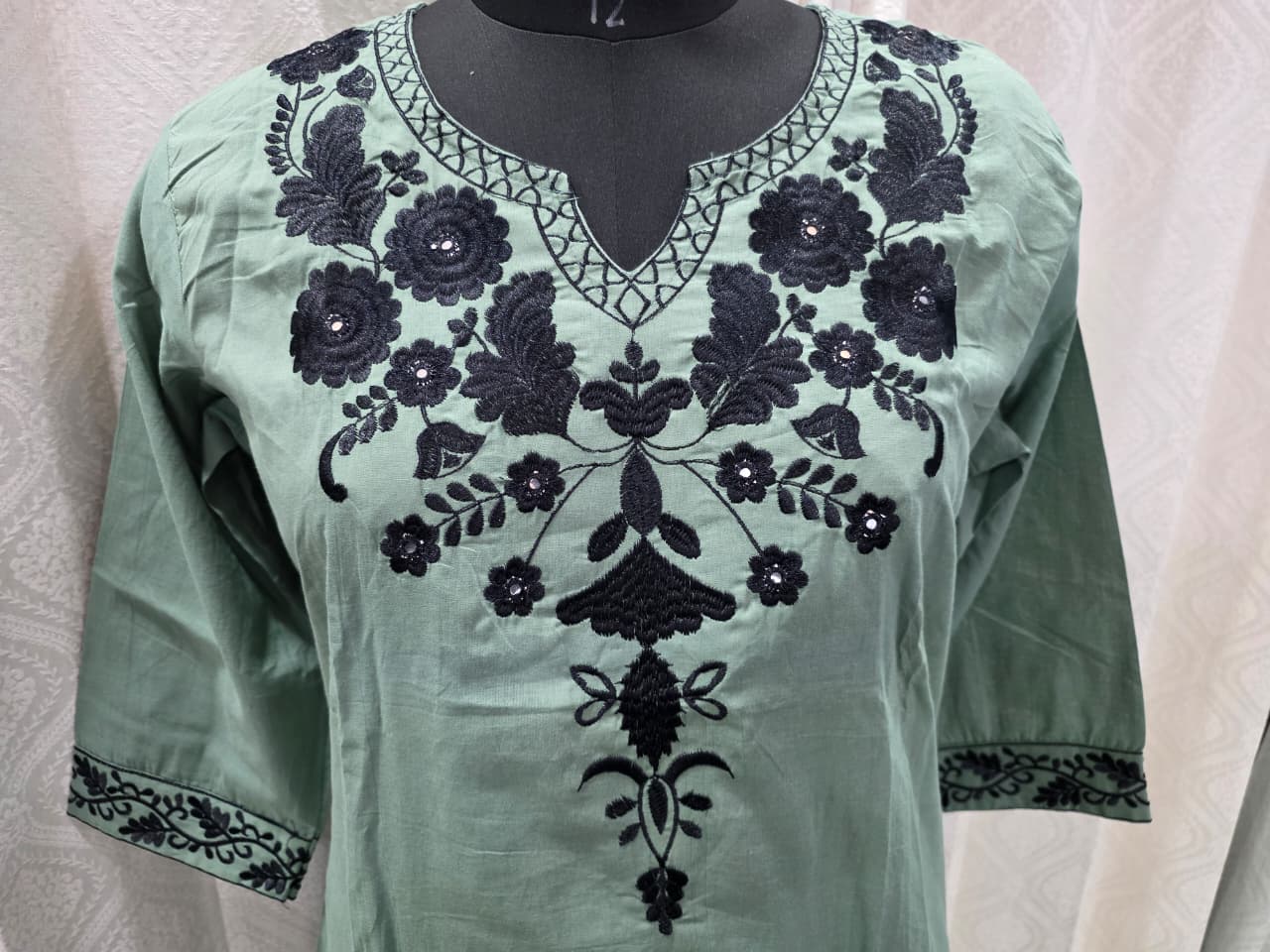 Women's Sea Green Straight Kurta Set with Bold Black Floral Embroidery | Designer Office & Formal Suit