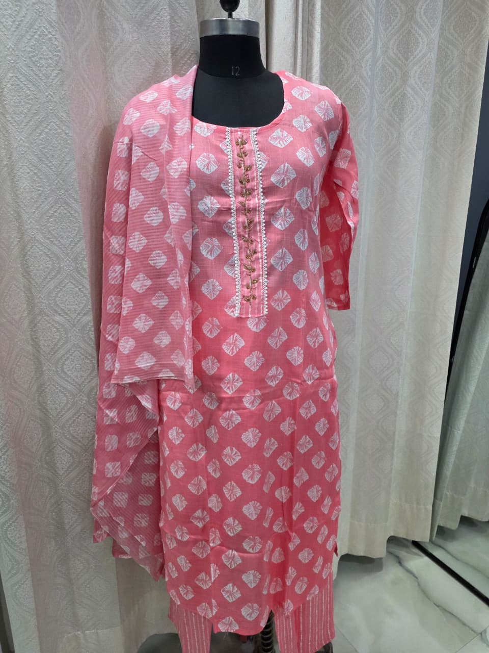 Women's Peach Pink Cotton Kurta Set with White Geometric Print & Lace Detail | Summer Daily Wear Suit