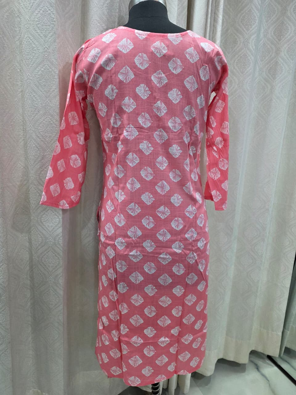 Women's Peach Pink Cotton Kurta Set with White Geometric Print & Lace Detail | Summer Daily Wear Suit