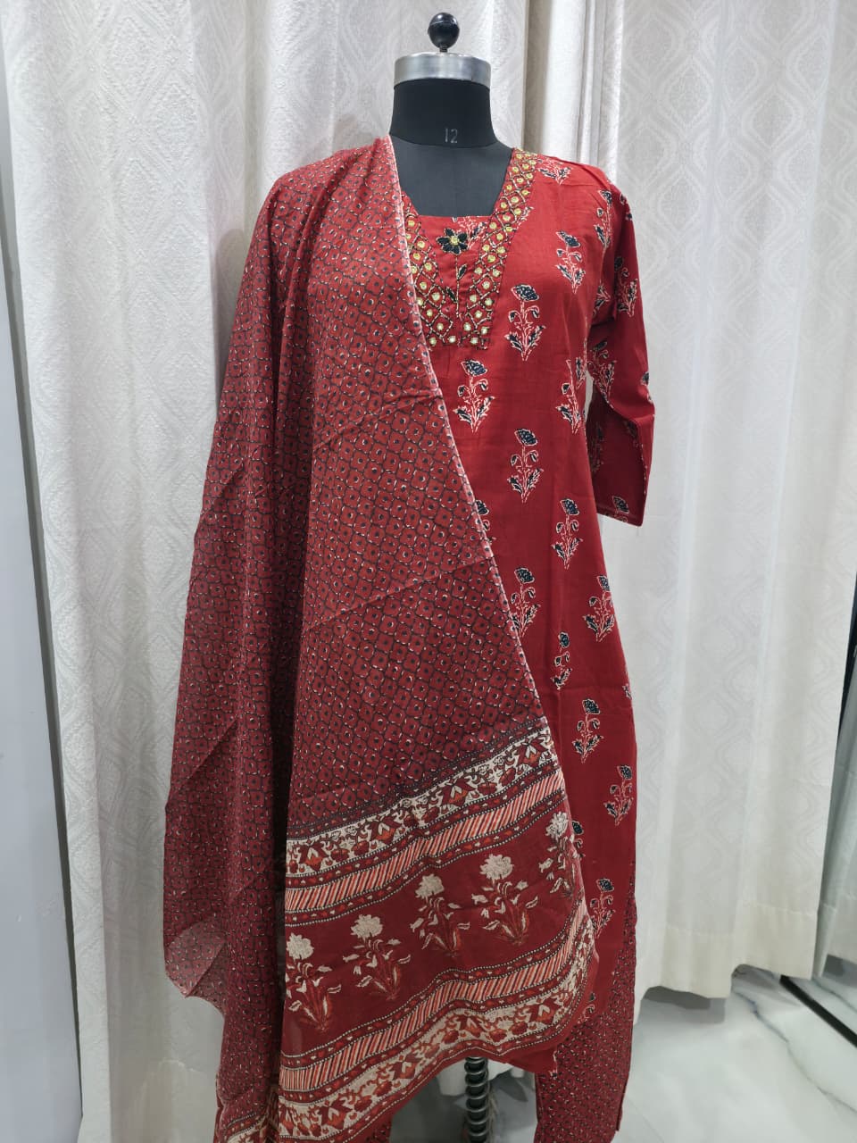 Women's Rust Red Floral Print Cotton Kurta Set with Dupatta | Earthy Tone Daily Wear Ethnic Suit