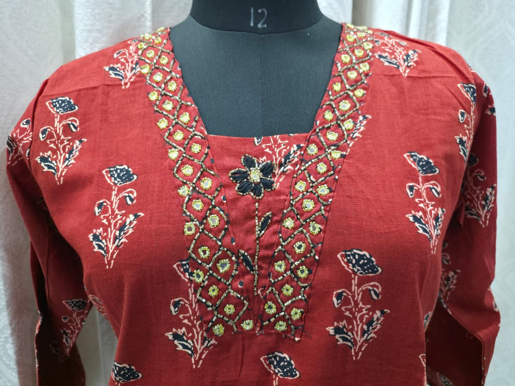 Women's Rust Red Floral Print Cotton Kurta Set with Dupatta | Earthy Tone Daily Wear Ethnic Suit