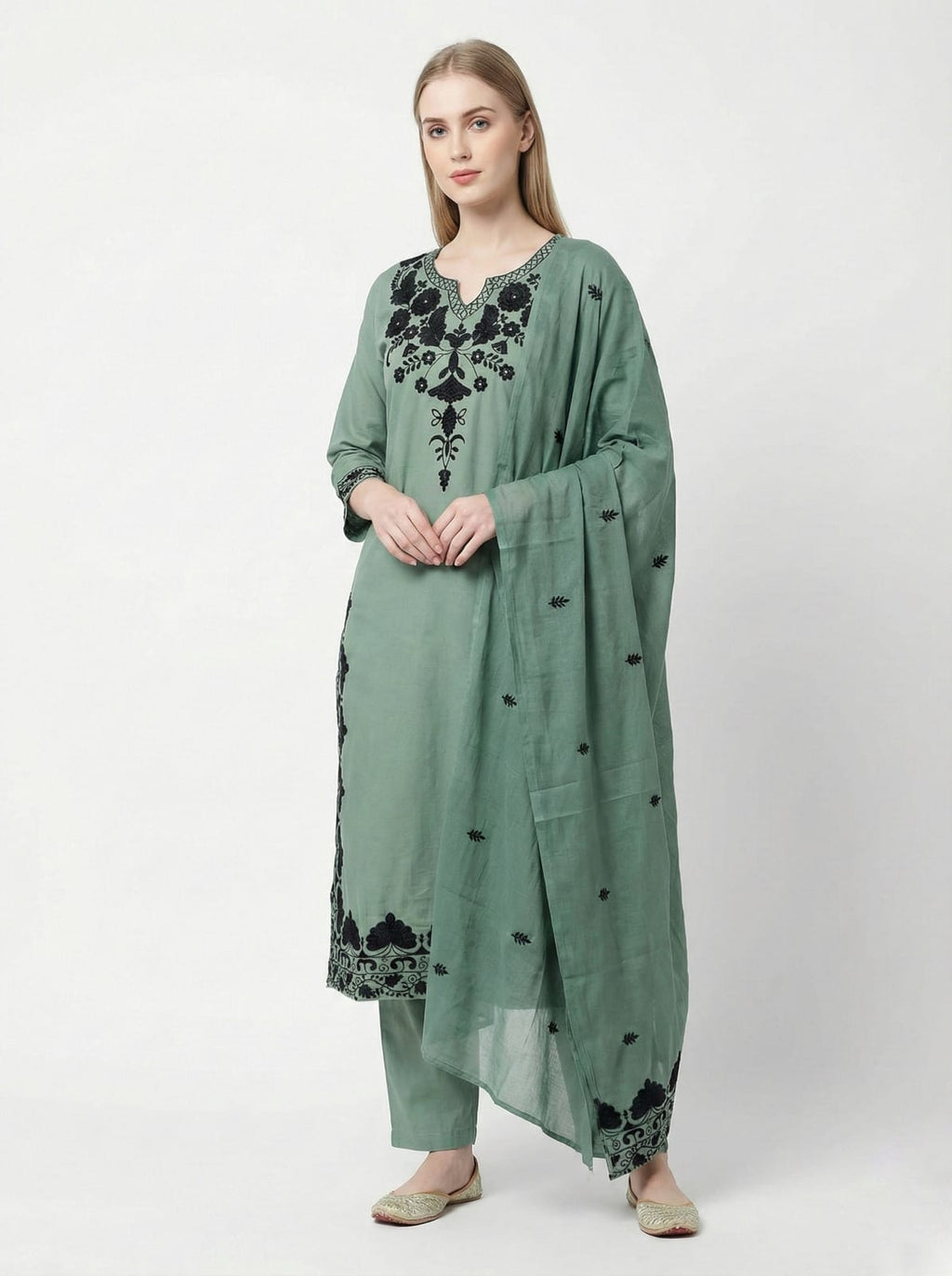 Women's Sea Green Straight Kurta Set with Bold Black Floral Embroidery | Designer Office & Formal Suit