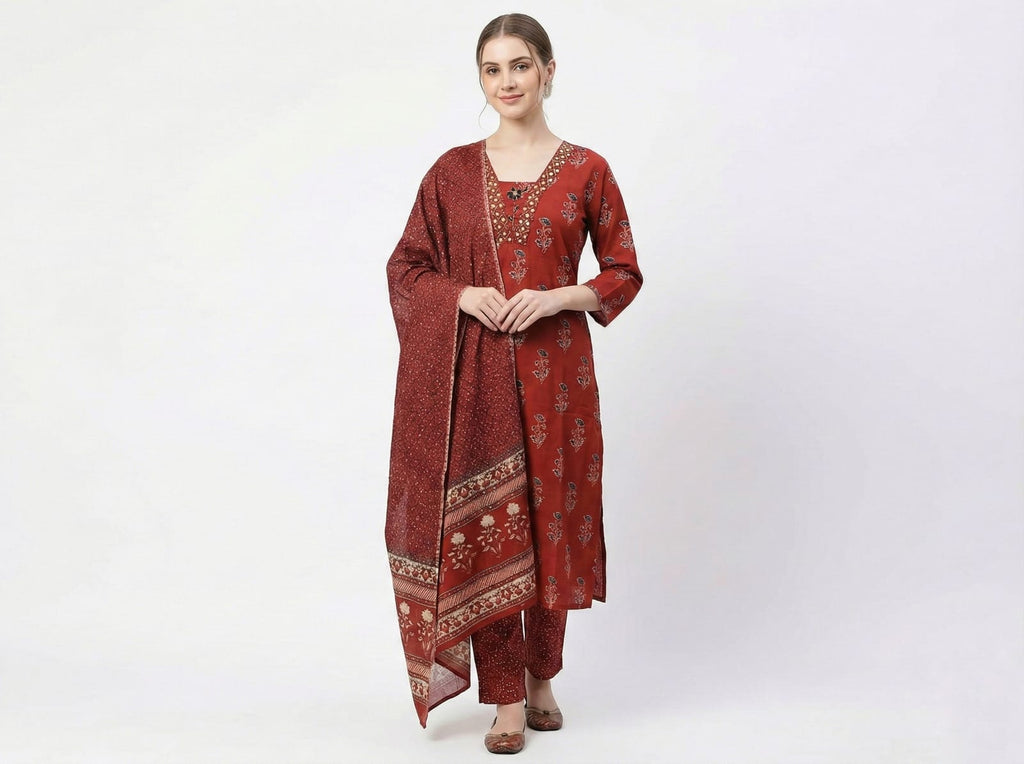 Women's Rust Red Floral Print Cotton Kurta Set with Dupatta | Earthy Tone Daily Wear Ethnic Suit
