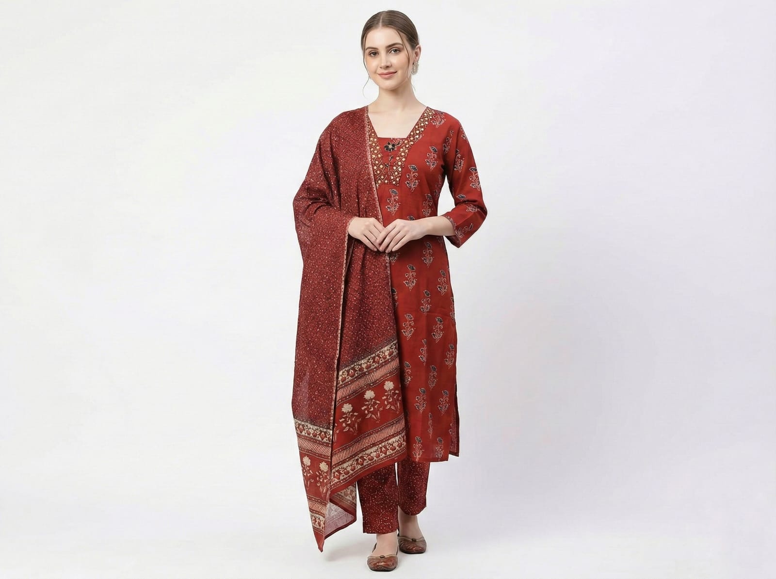 Women's Rust Red Floral Print Cotton Kurta Set with Dupatta | Earthy Tone Daily Wear Ethnic Suit