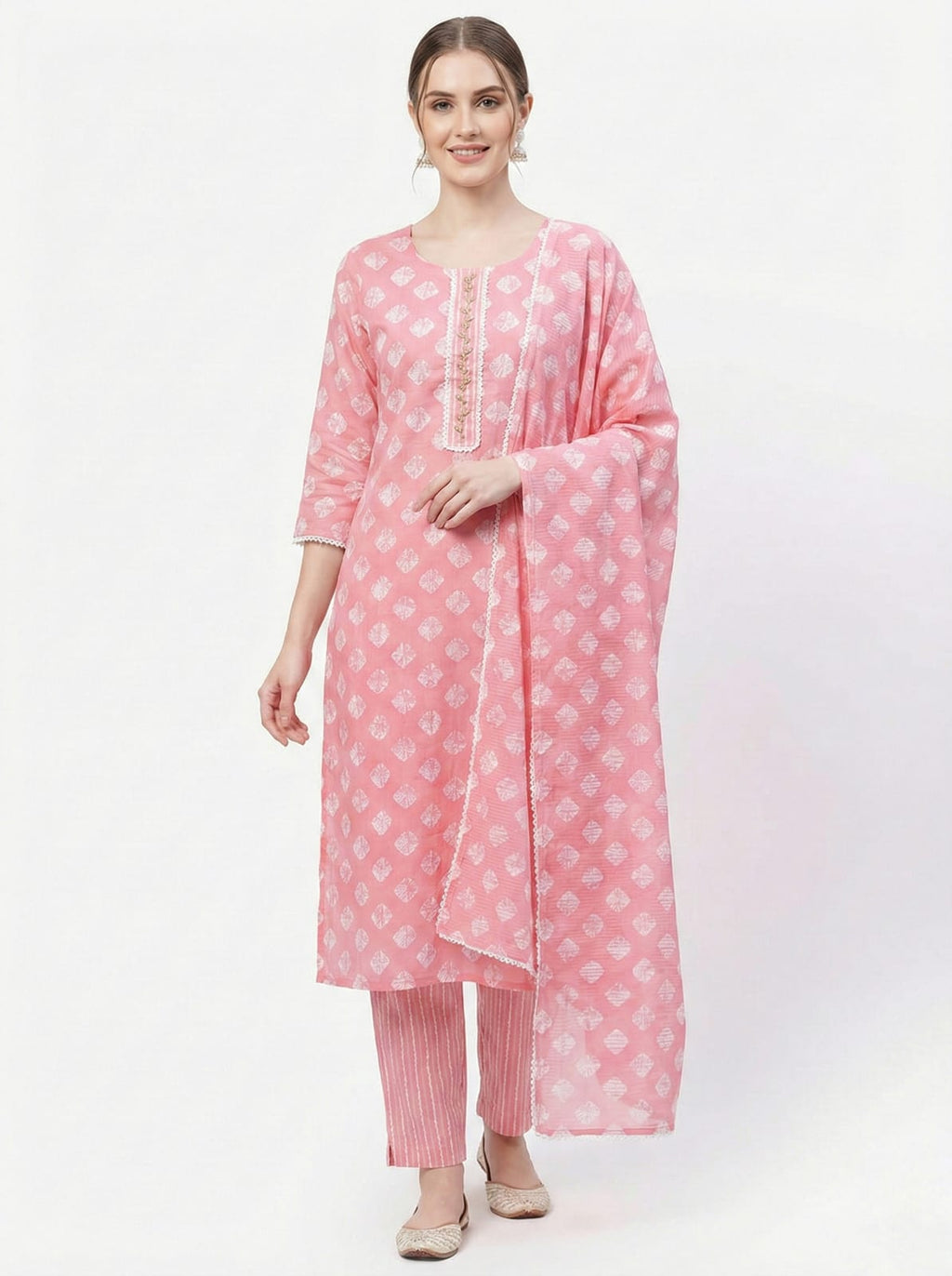 Women's Peach Pink Cotton Kurta Set with White Geometric Print & Lace Detail | Summer Daily Wear Suit
