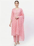 Women's Peach Pink Cotton Kurta Set with White Geometric Print & Lace Detail | Summer Daily Wear Suit
