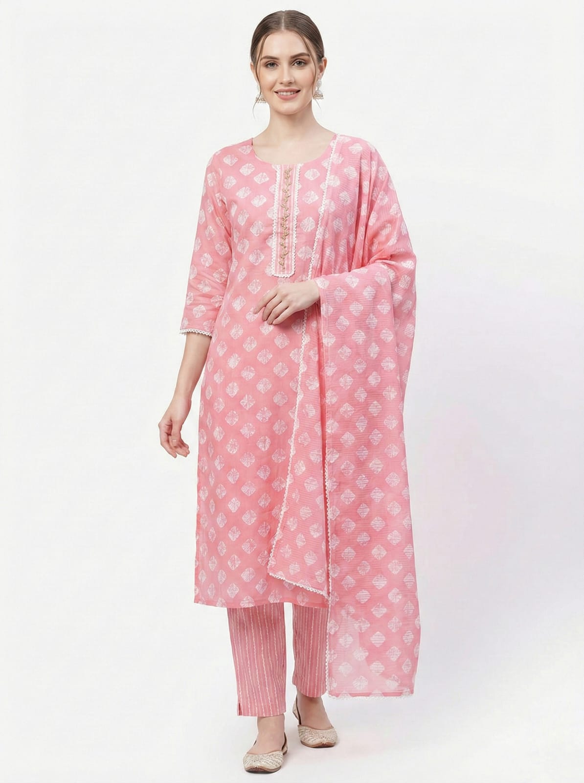 Women's Peach Pink Cotton Kurta Set with White Geometric Print & Lace Detail | Summer Daily Wear Suit