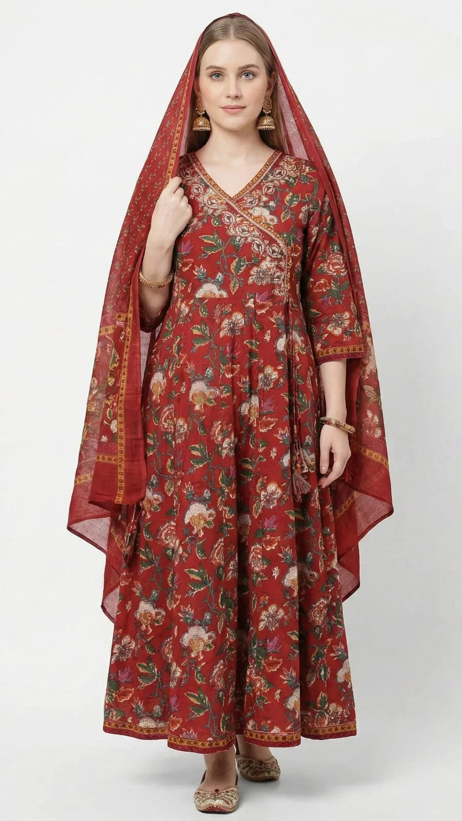 The Rust Floral Angrakha: Flared Anarkali Suit Set with Boho Prints