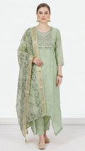 The Sage Serenity Set: Pastel Green Embroidered Suit with Vintage Floral Dupatta