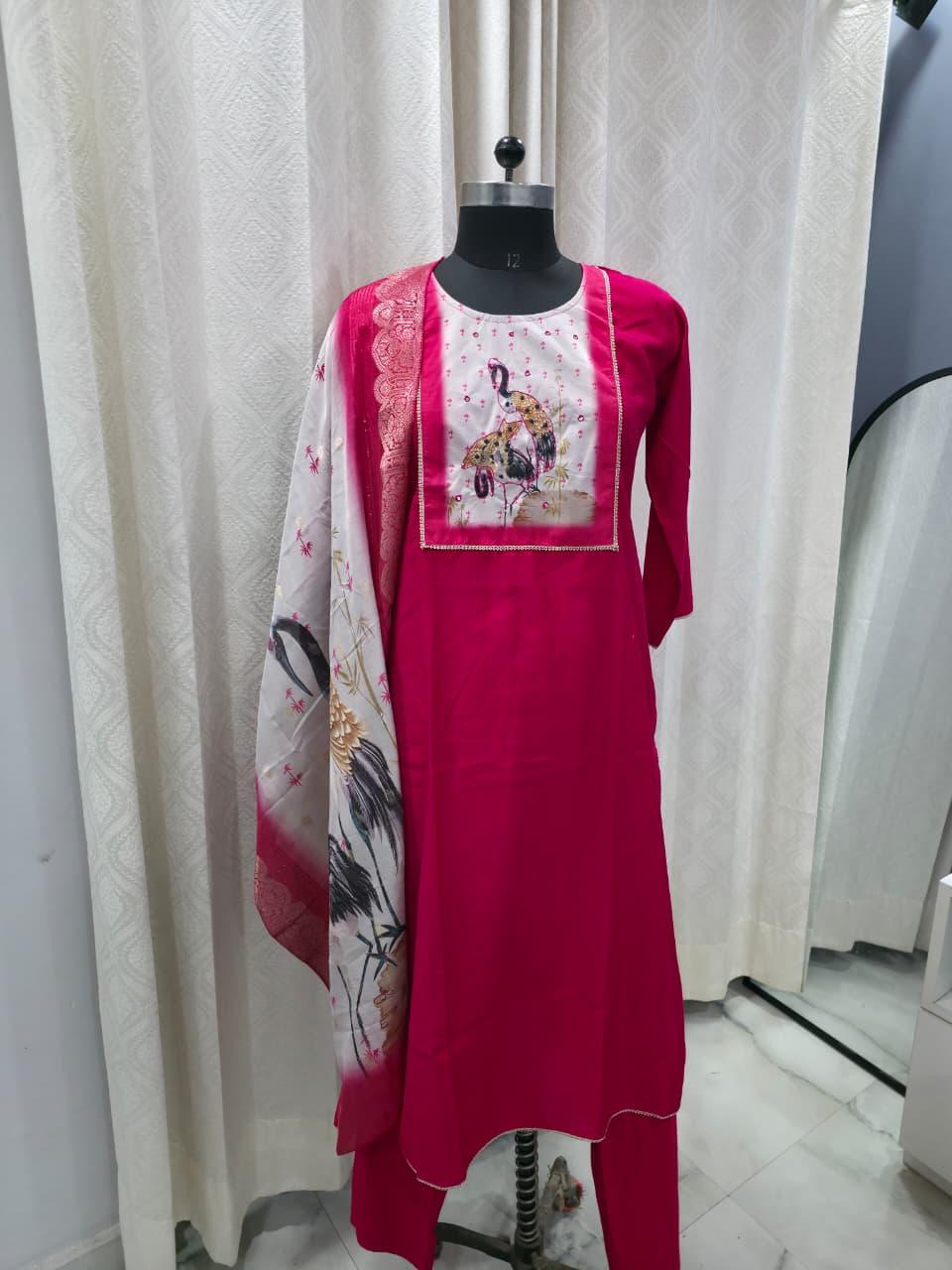 The Rani Pink Crane Set: Pure Cotton Straight Suit with Art-Print Dupattaroduct