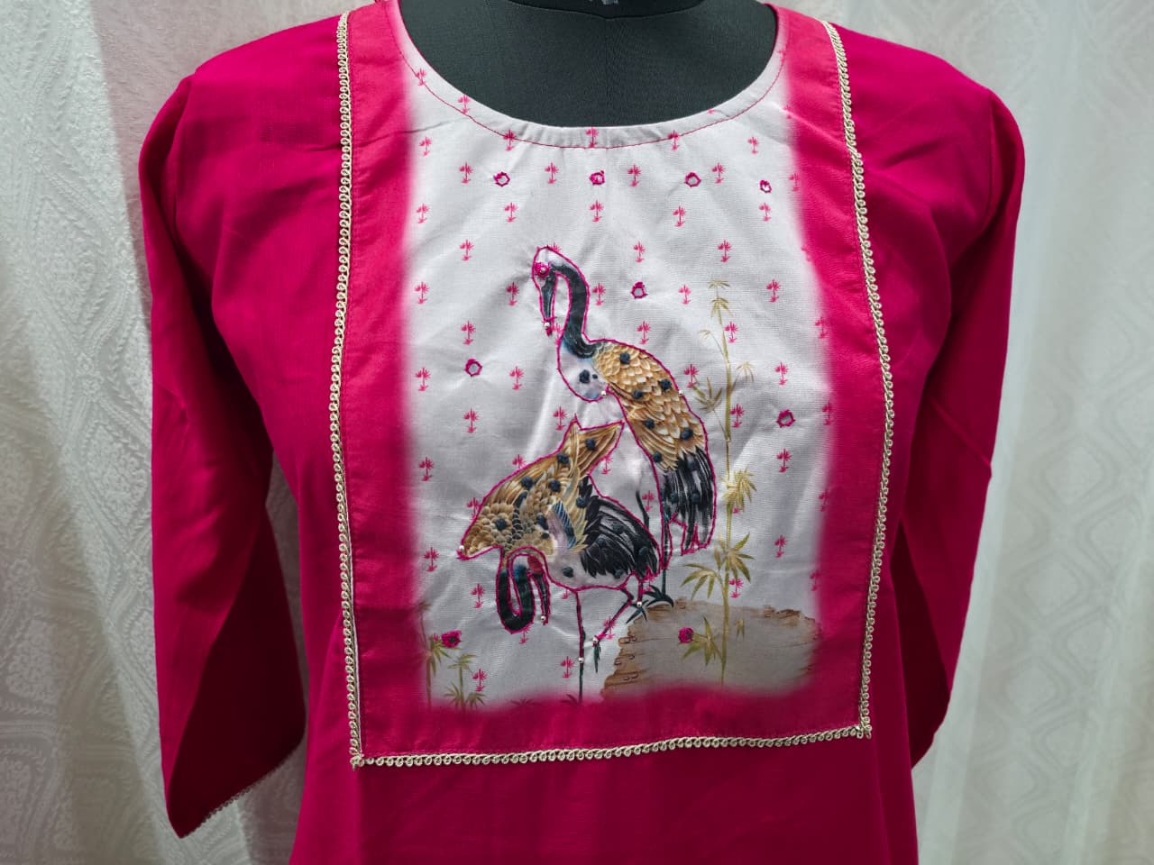 The Rani Pink Crane Set: Pure Cotton Straight Suit with Art-Print Dupatta