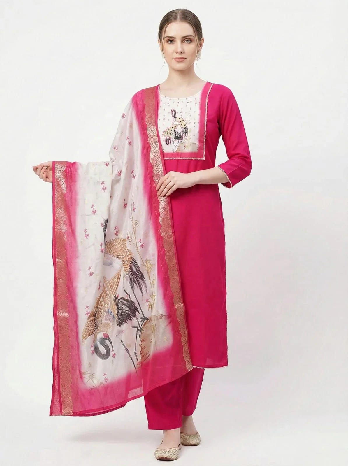 The Rani Pink Crane Set: Pure Cotton Straight Suit with Art-Print Dupattaroduct
