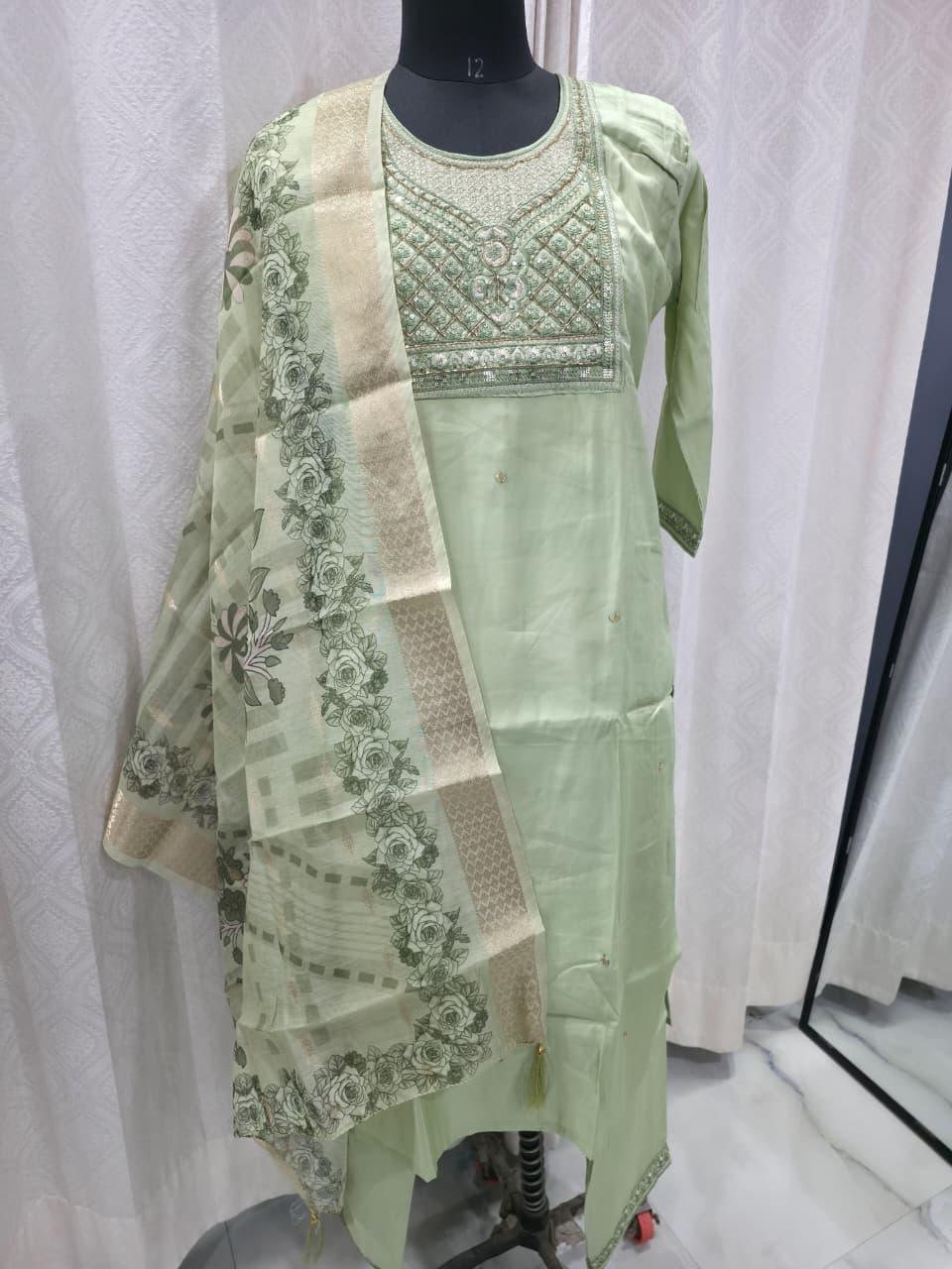 The Sage Serenity Set: Pastel Green Embroidered Suit with Vintage Floral Dupatta