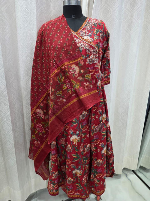 The Rust Floral Angrakha: Flared Anarkali Suit Set with Boho Prints