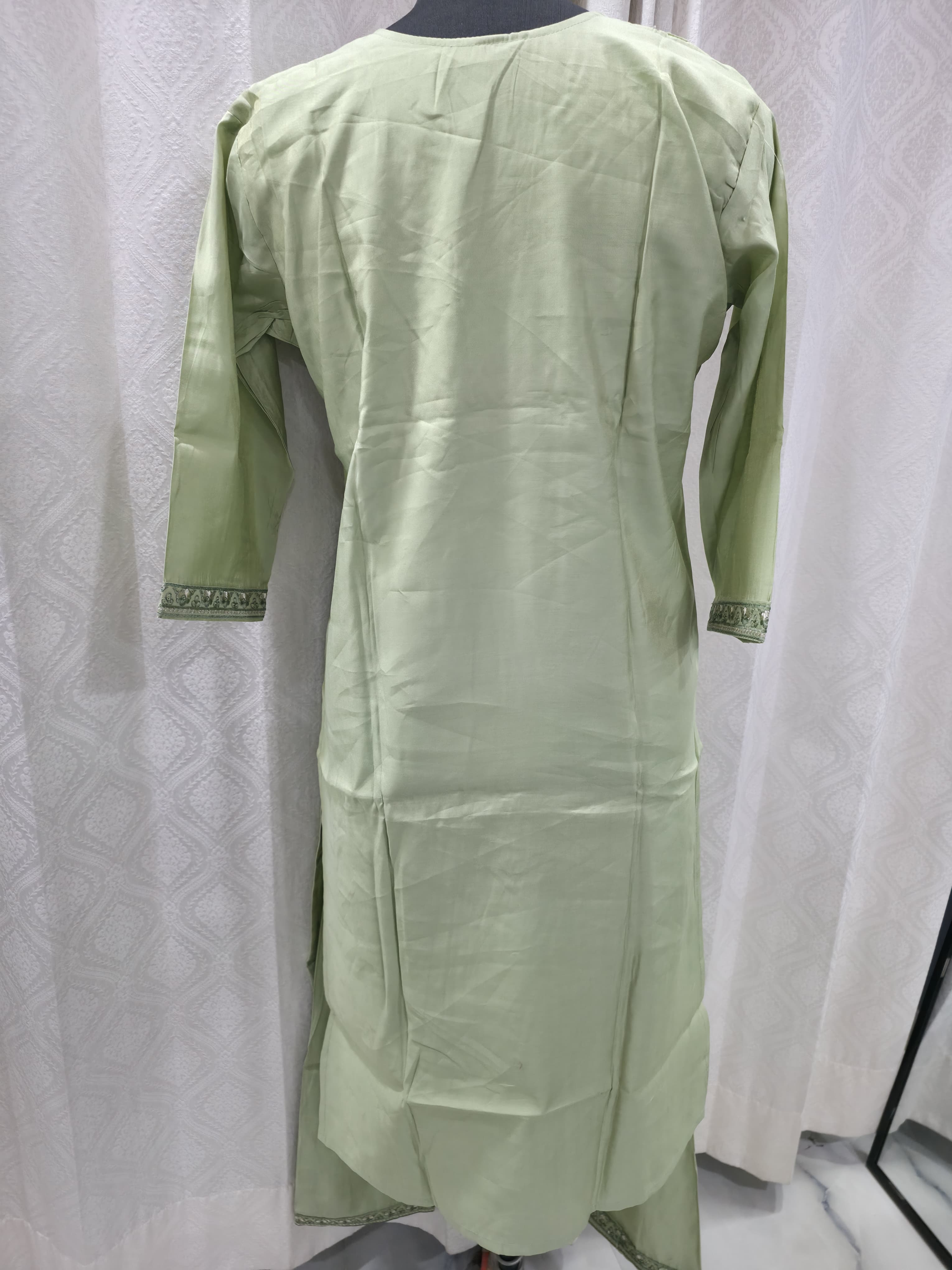 The Sage Serenity Set: Pastel Green Embroidered Suit with Vintage Floral Dupatta