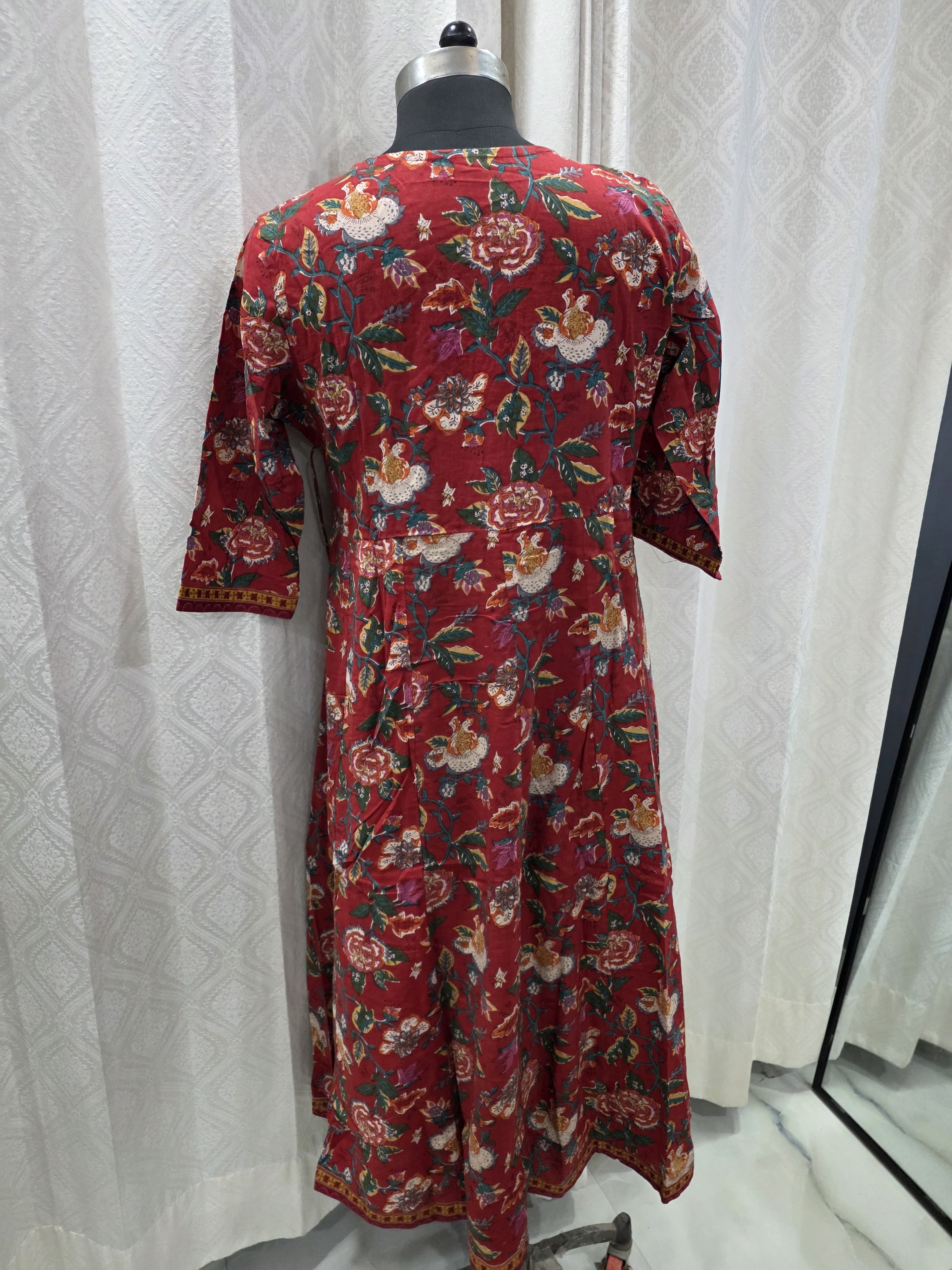 The Rust Floral Angrakha: Flared Anarkali Suit Set with Boho Prints