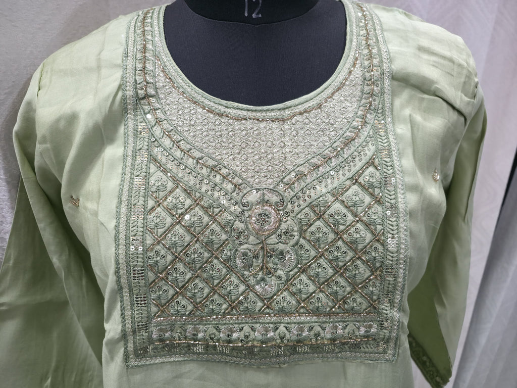 The Sage Serenity Set: Pastel Green Embroidered Suit with Vintage Floral Dupatta