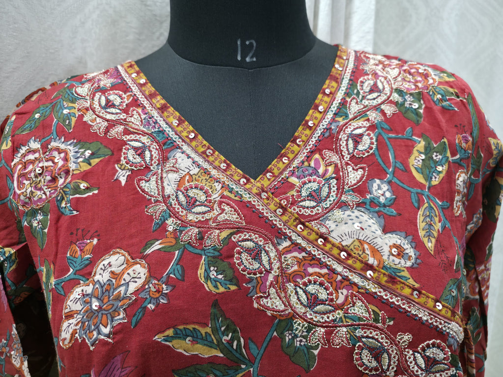 The Rust Floral Angrakha: Flared Anarkali Suit Set with Boho Prints